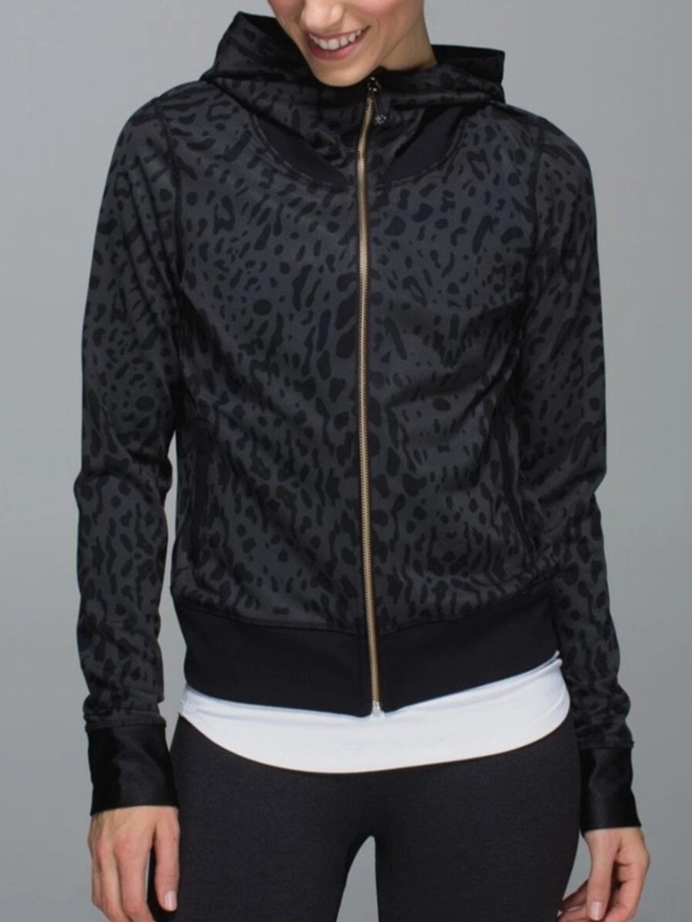 lululemon athletica Black and Charcoal Leopard Zip-Up Hoodie - Picture 2 of 7